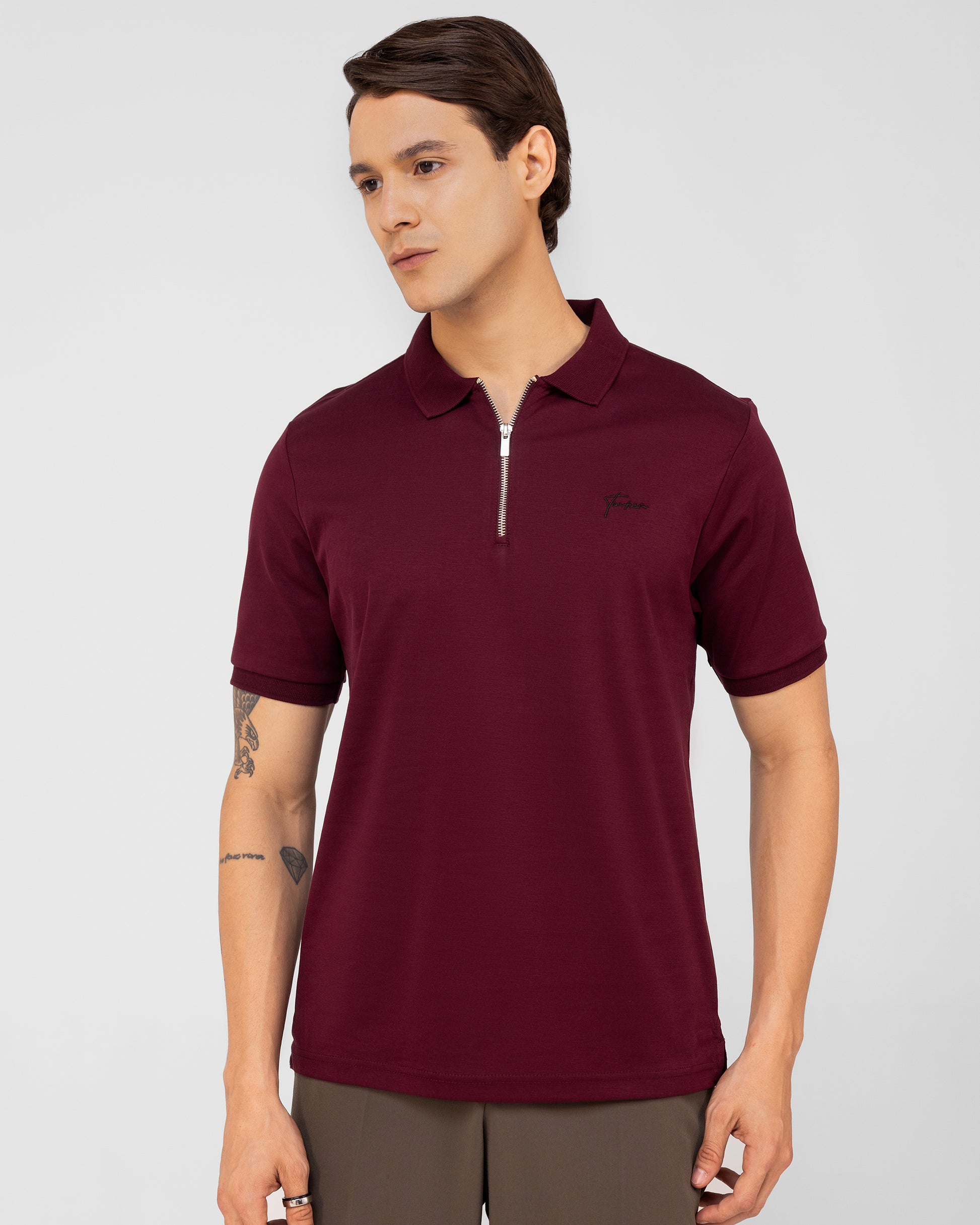 Branded wine zipper polo shirt for men made with soft mercerised cotton fabric – TENHEM
