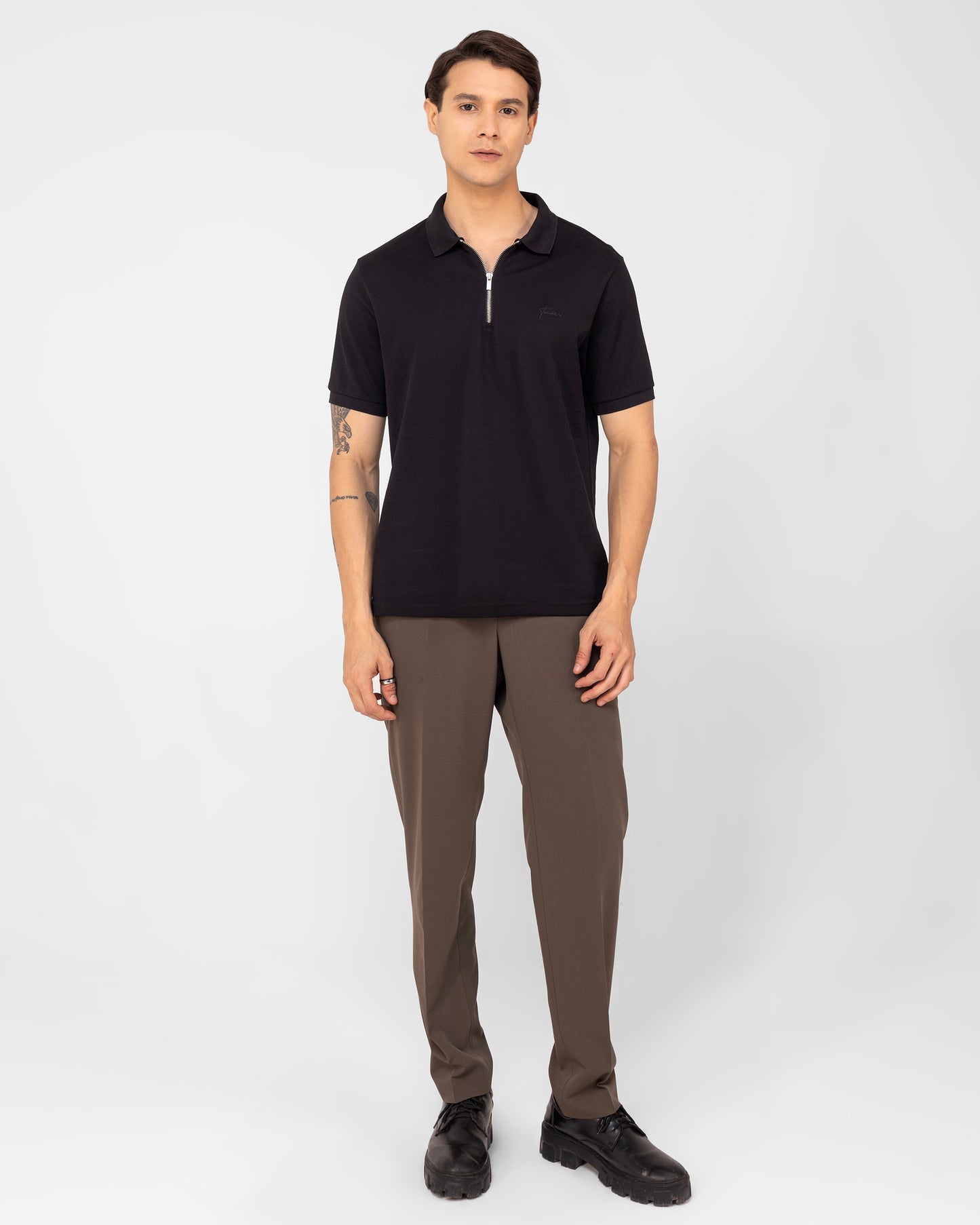 Zipper Black Polo T-shirt Mercerised Cotton Pique
