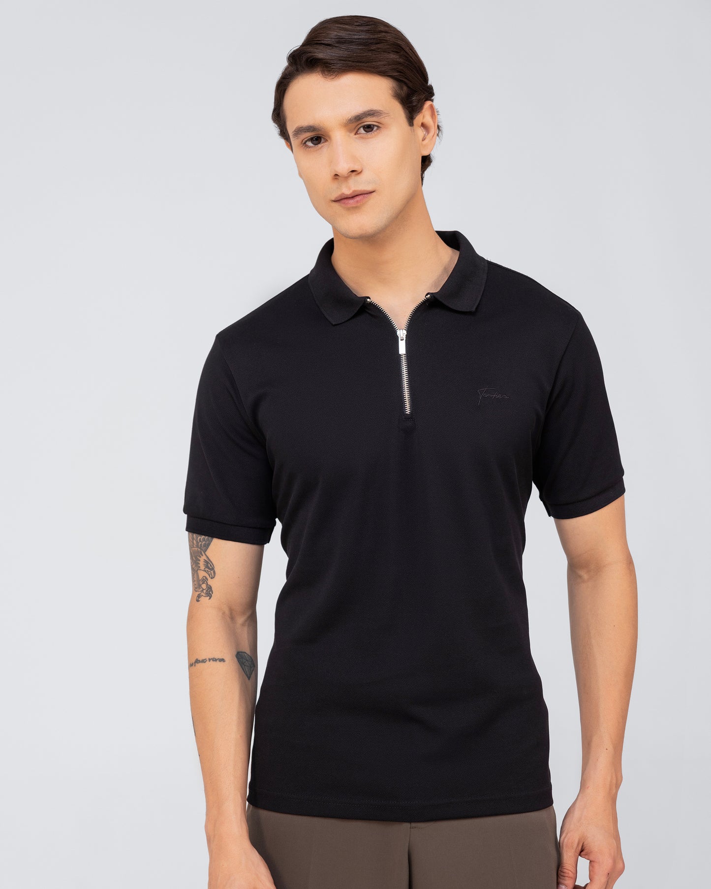 Zipper Black Polo T-shirt Mercerised Cotton Pique