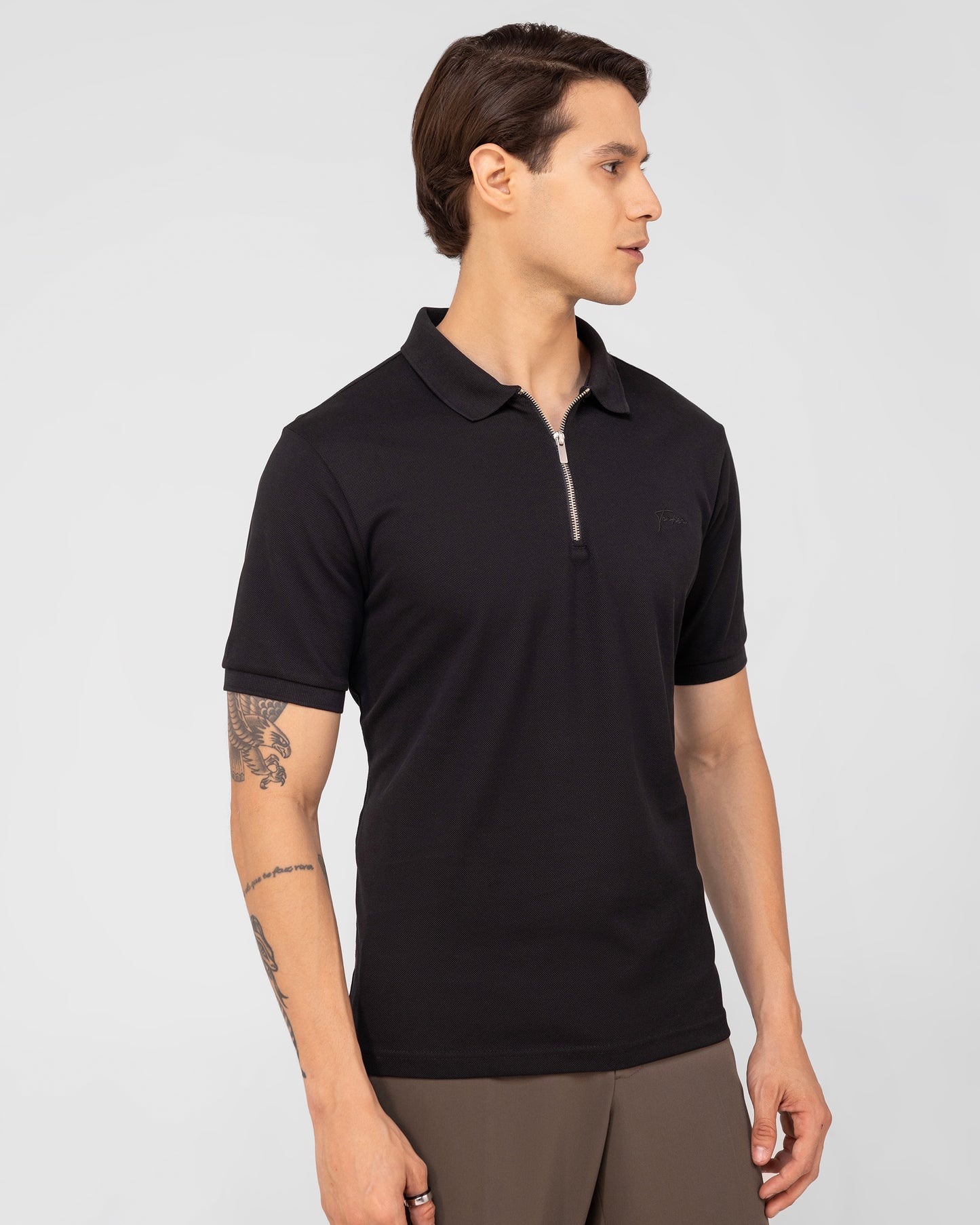 Zipper Black Polo T-shirt Mercerised Cotton Pique