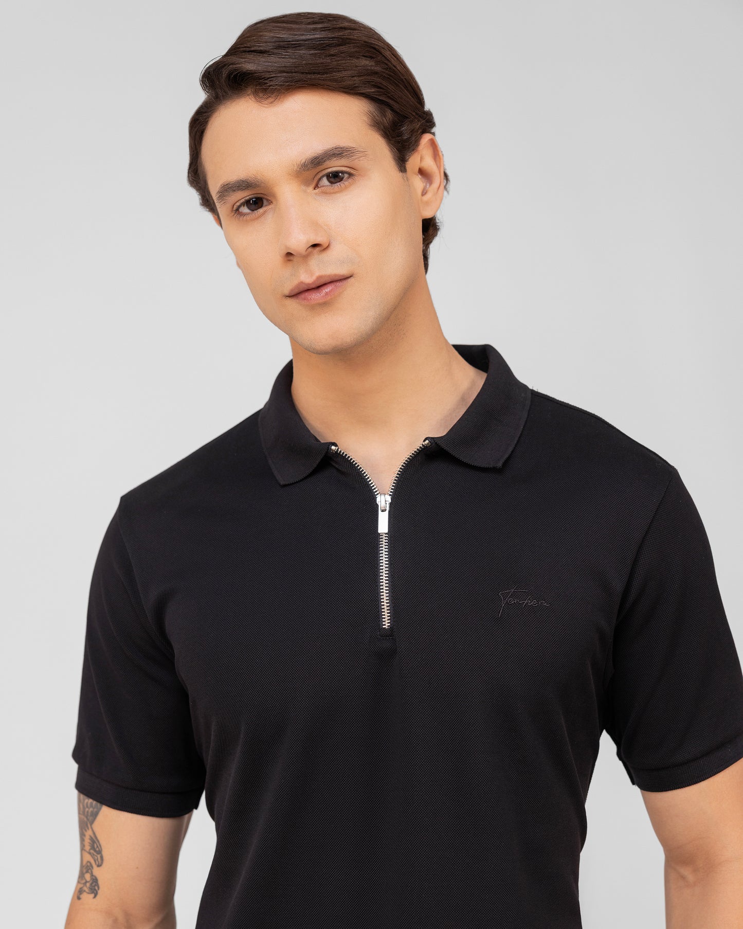 Zipper Black Polo T-shirt Mercerised Cotton Pique