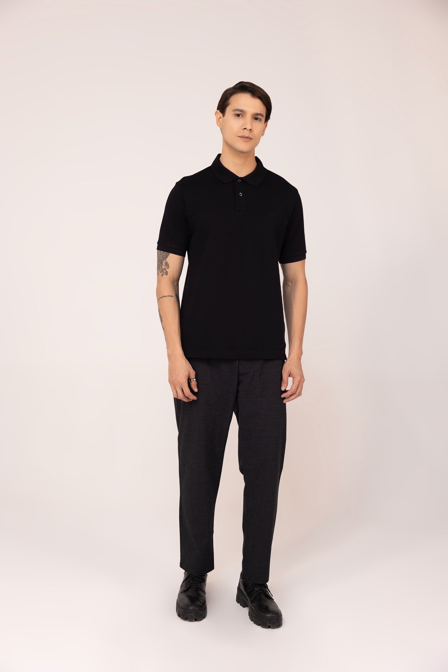 Black Polo T-shirt 2 Button Mercerised Cotton Pique