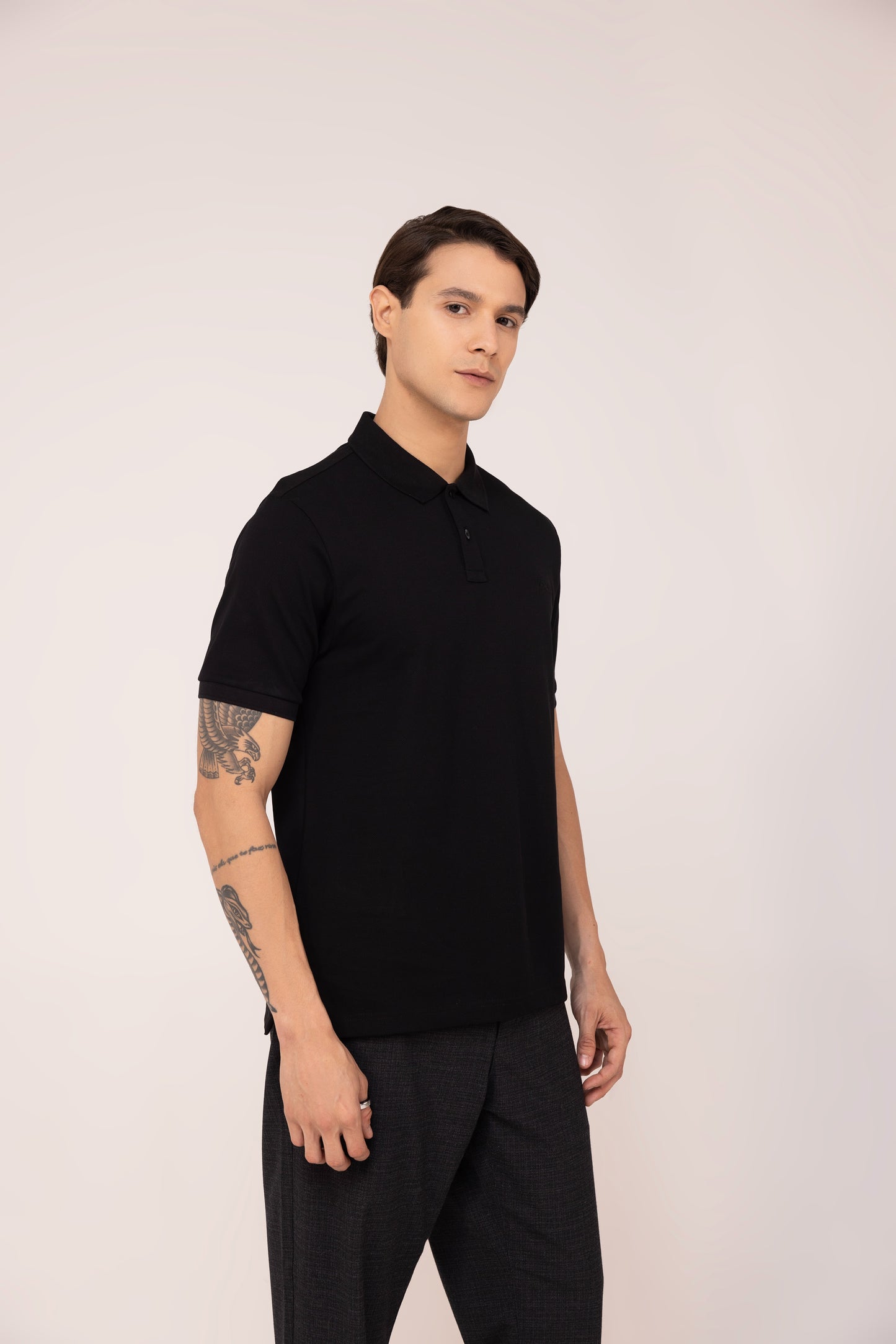 Black Polo T-shirt 2 Button Mercerised Cotton Pique