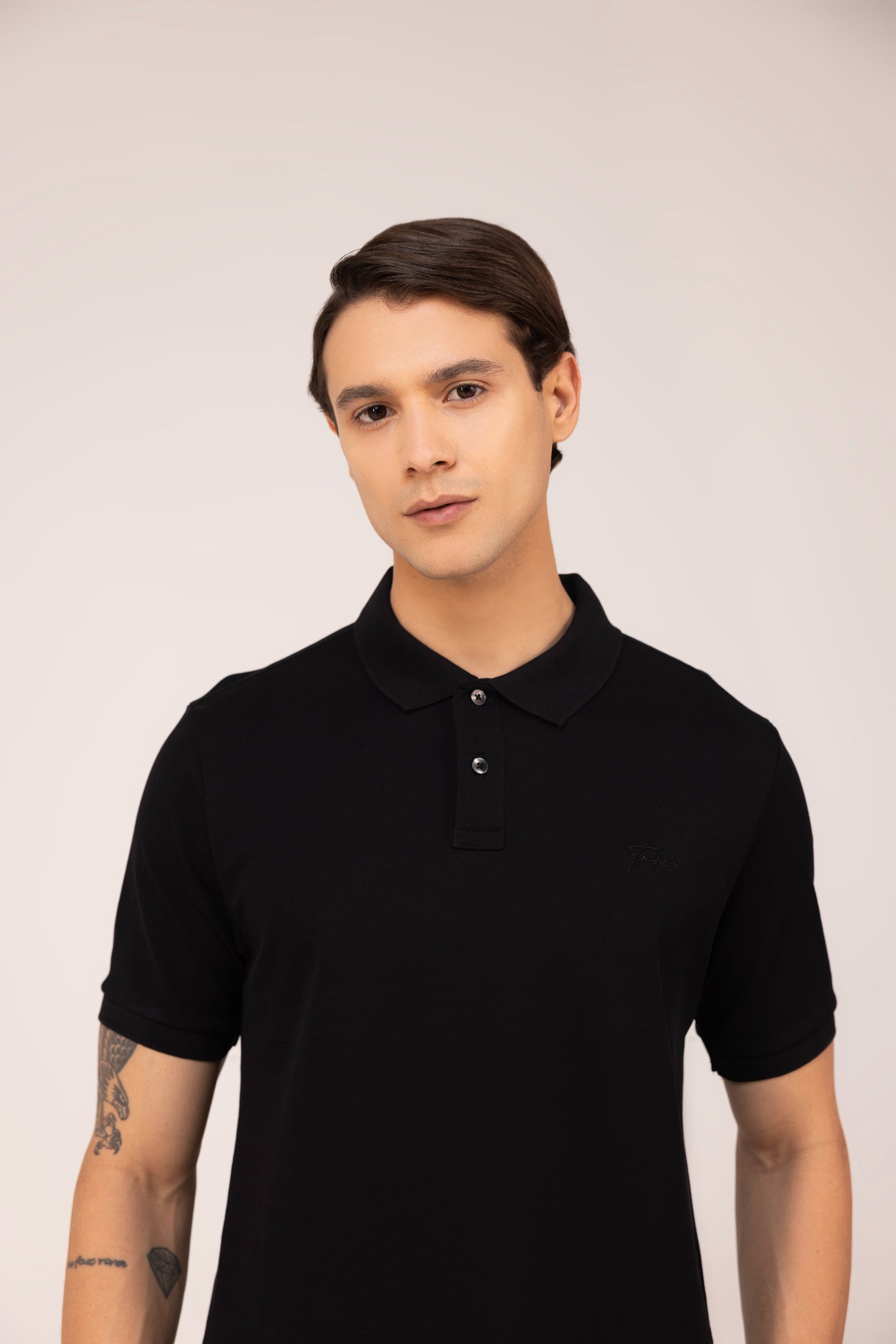Black Polo T-shirt 2 Button Mercerised Cotton Pique