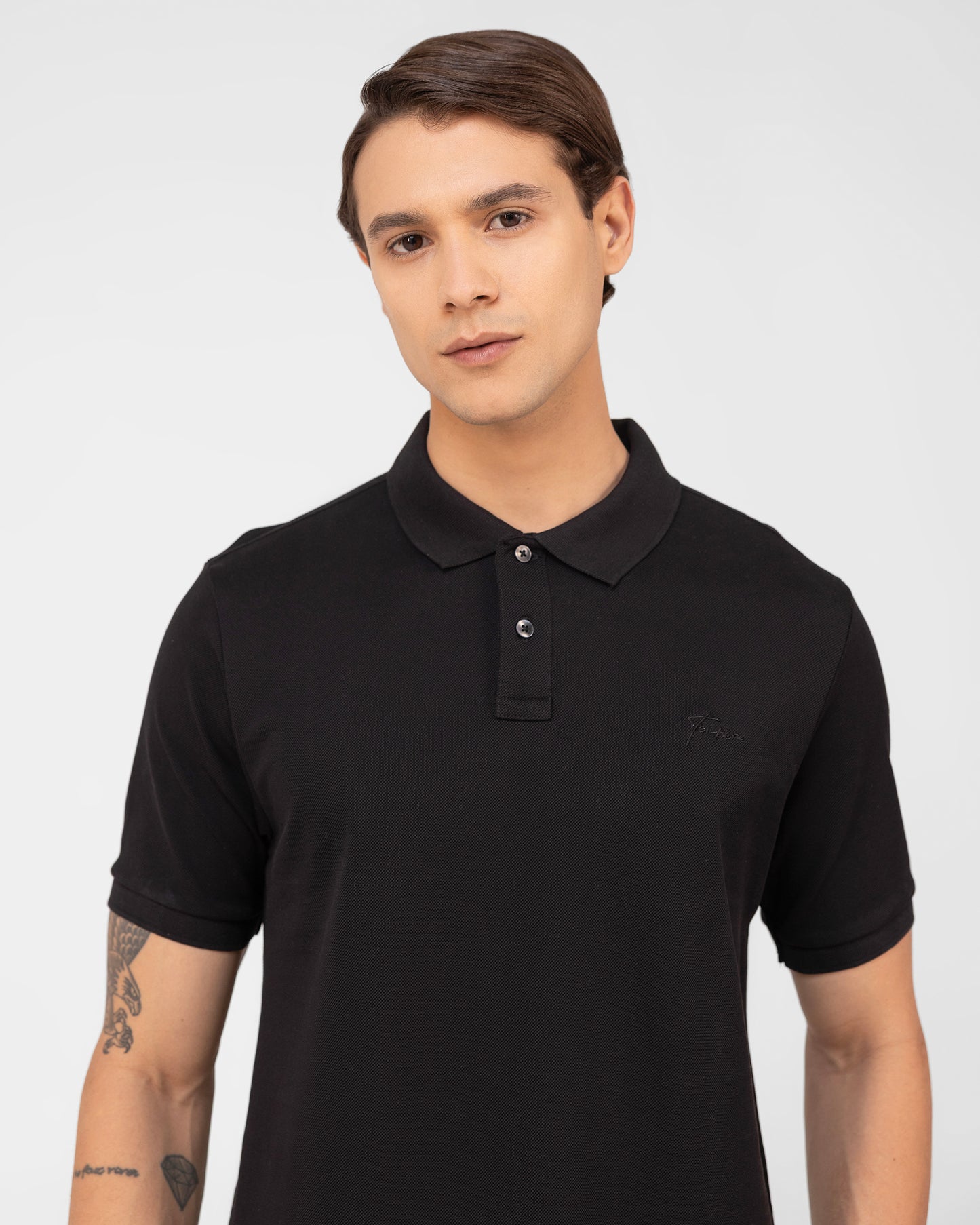 Black Polo T-shirt 2 Button Mercerised Cotton Pique