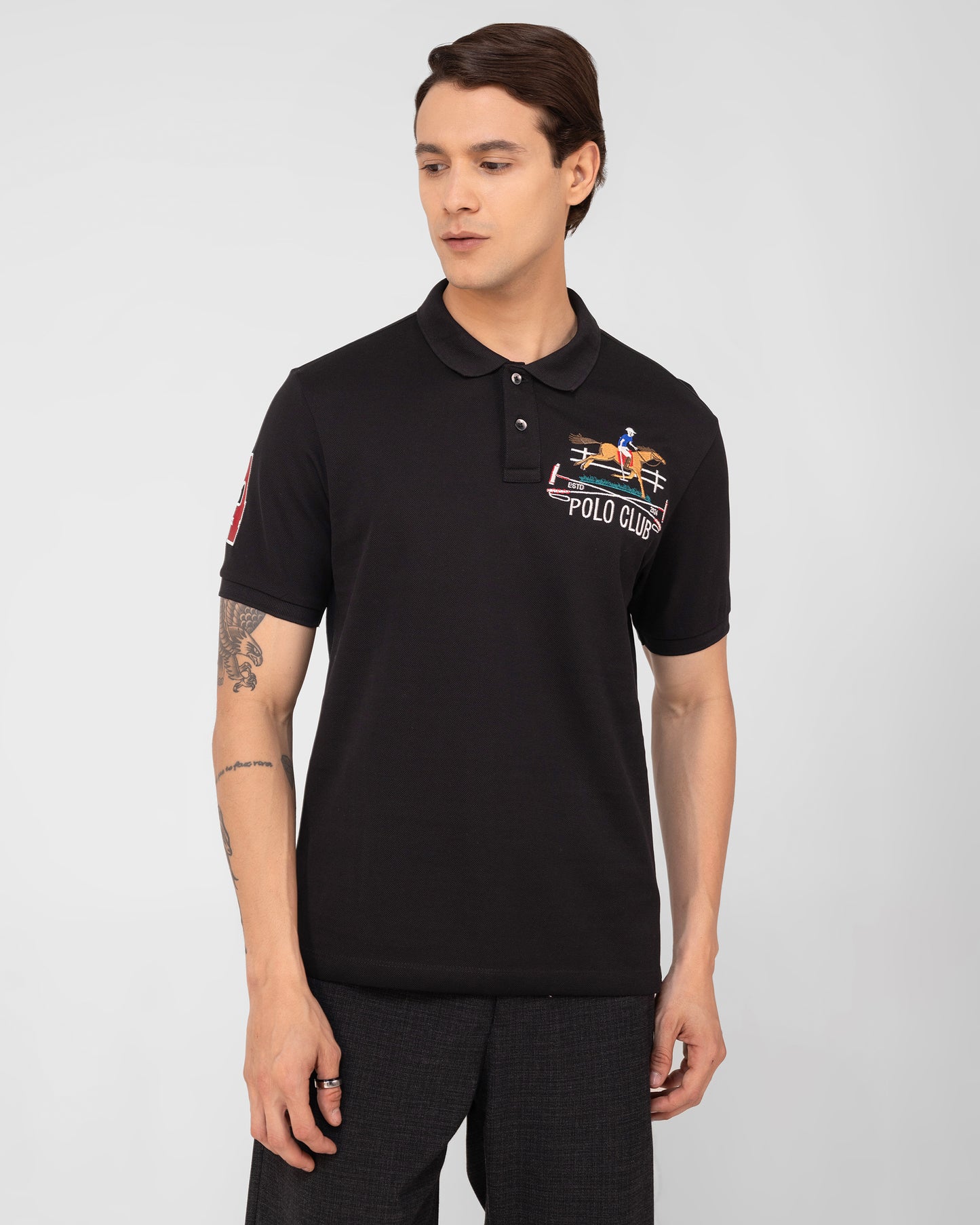 Black Polo T-shirt Embroidered Mercerised Cotton Pique
