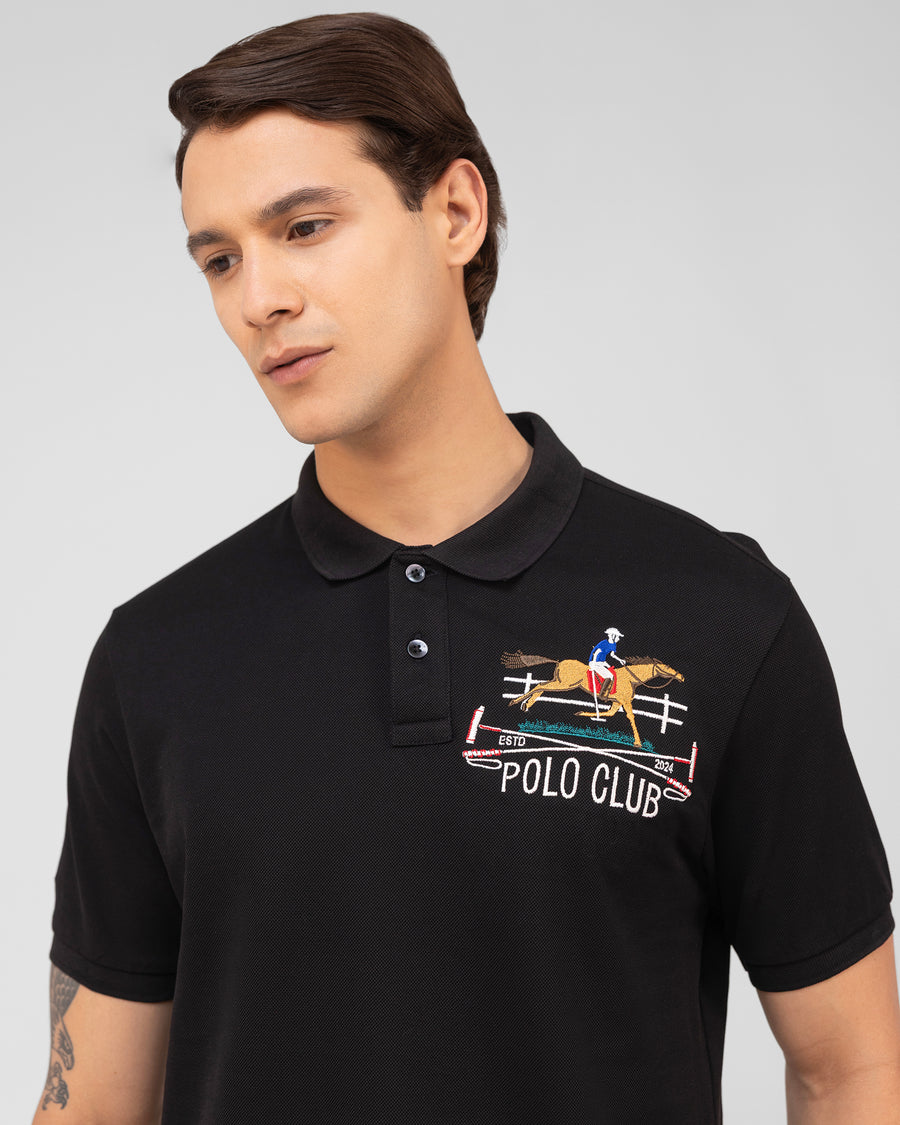 Raven Black Mercerised Premium Cotton Piqué Men's Regular Fit Embroidered Polo T-Shirt with Broad Placket
