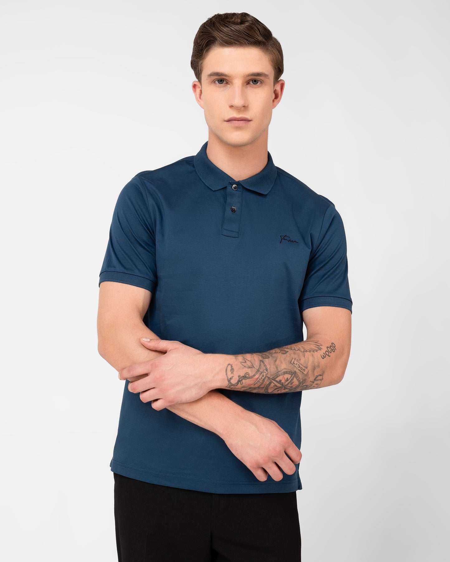 Luxury men’s teal polo t-shirt with smooth interlock texture – TENHEM