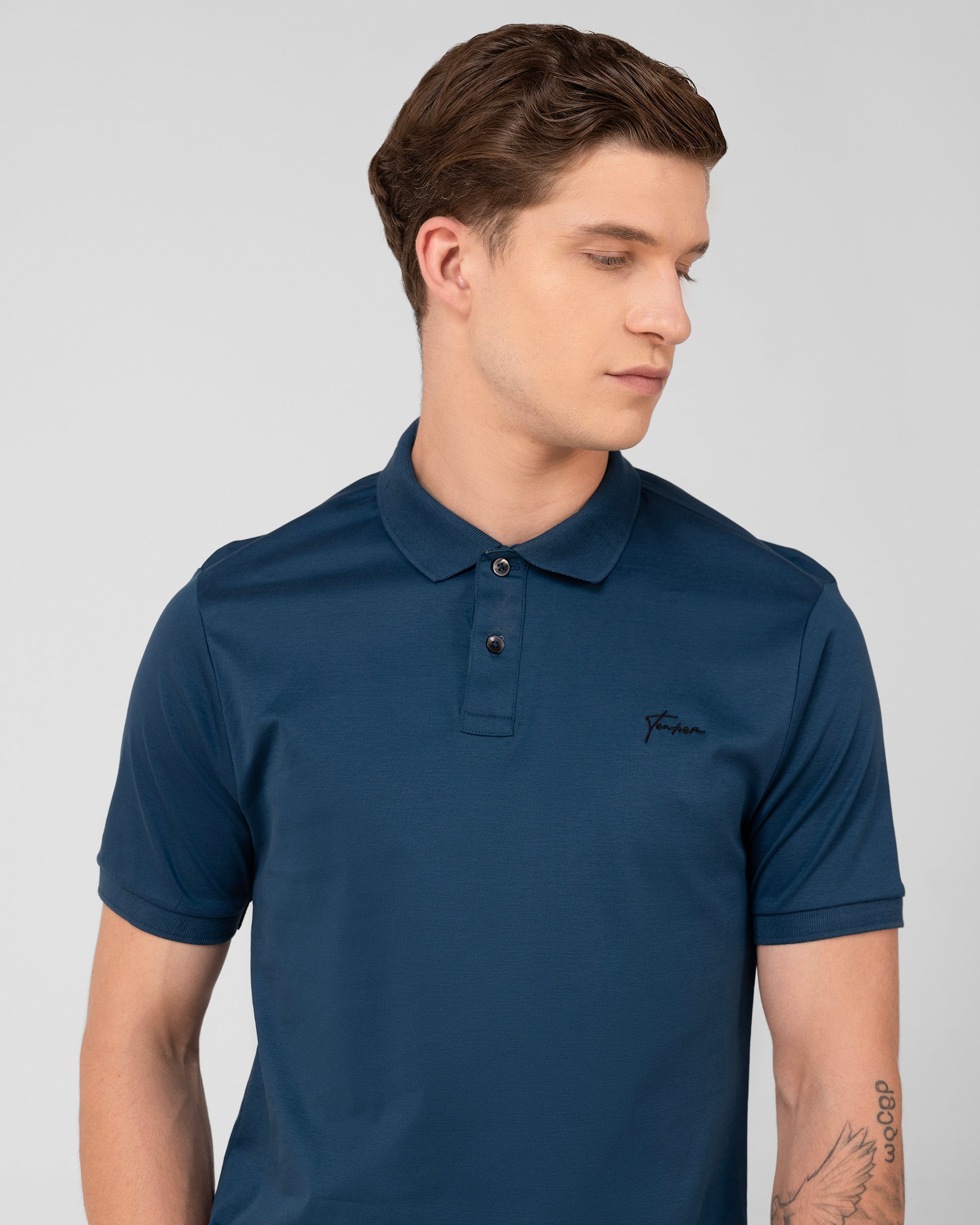 Premium teal polo t-shirt with 2-button placket and lustrous finish – TENHEM