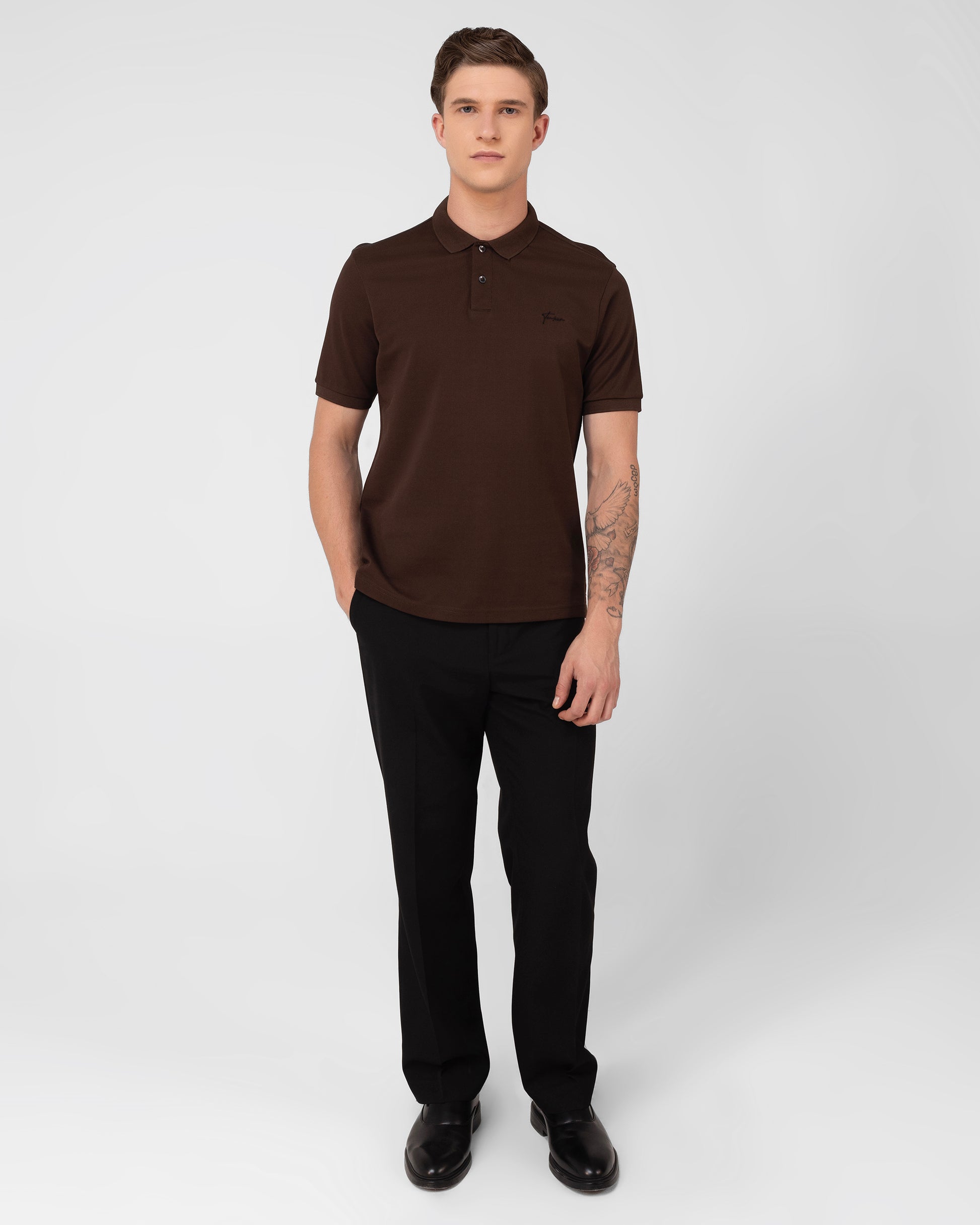 Regular fit brown polo shirt for men with rich texture in mercerised cotton pique – TENHEM