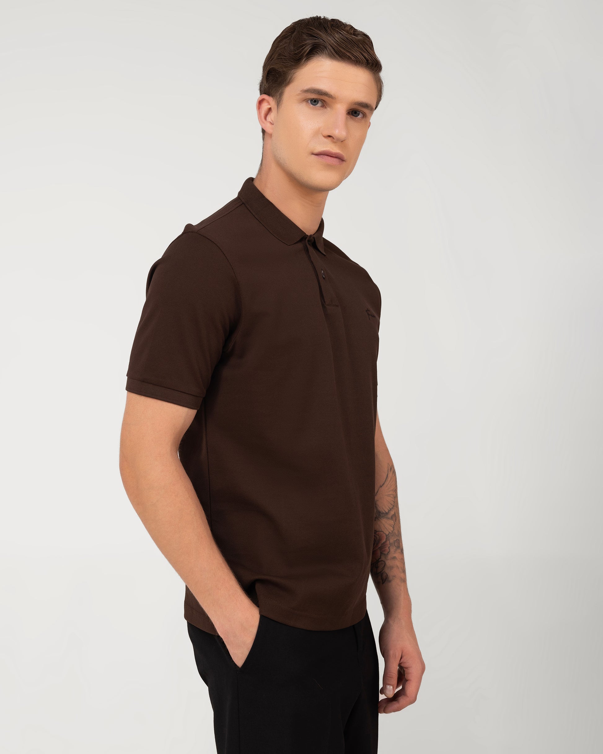 Luxury brown polo shirt for men in mercerised cotton pique with a refined regular fit – TENHEM
