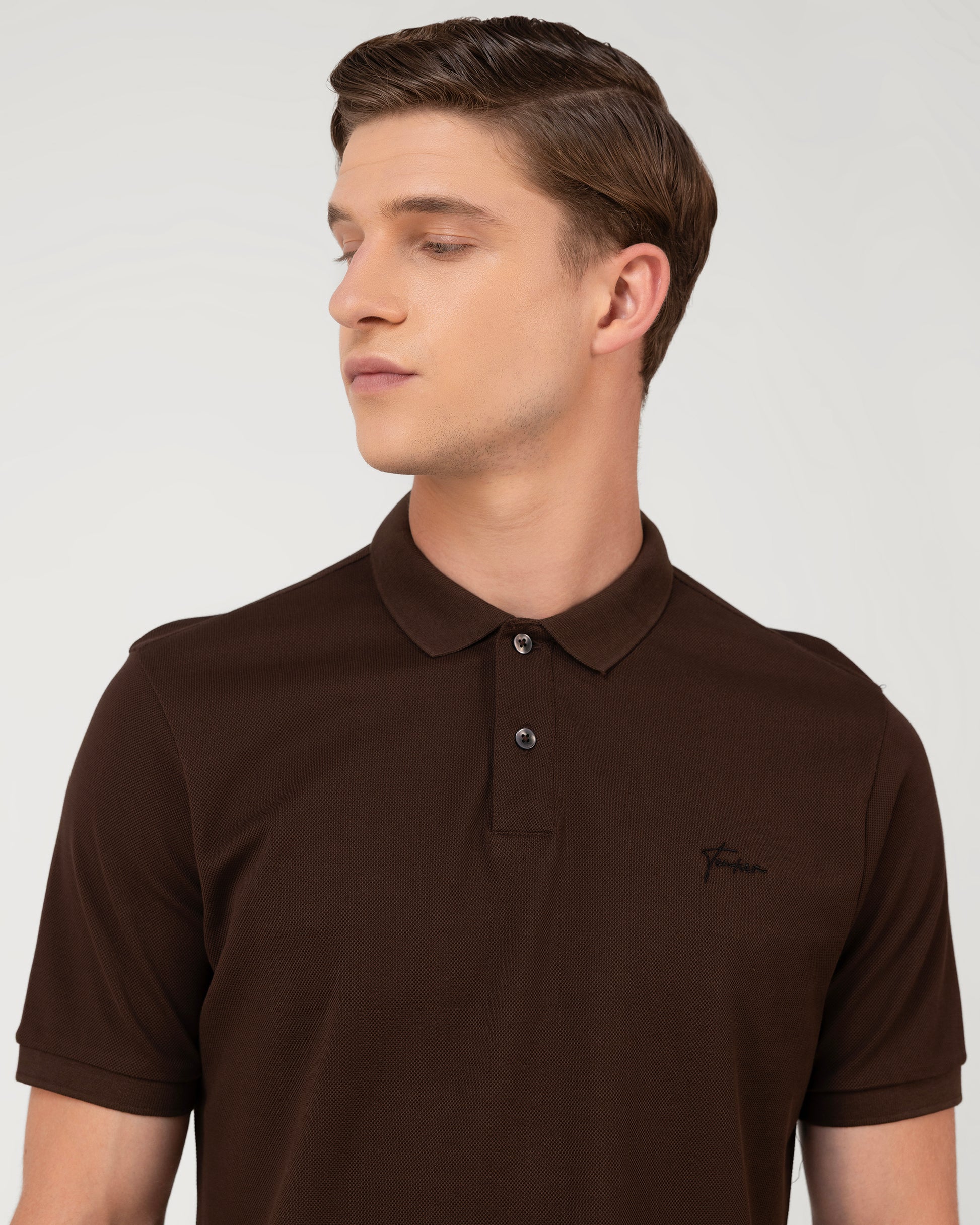 Branded brown polo t shirt made from high-GSM mercerised cotton pique fabric – TENHEM
