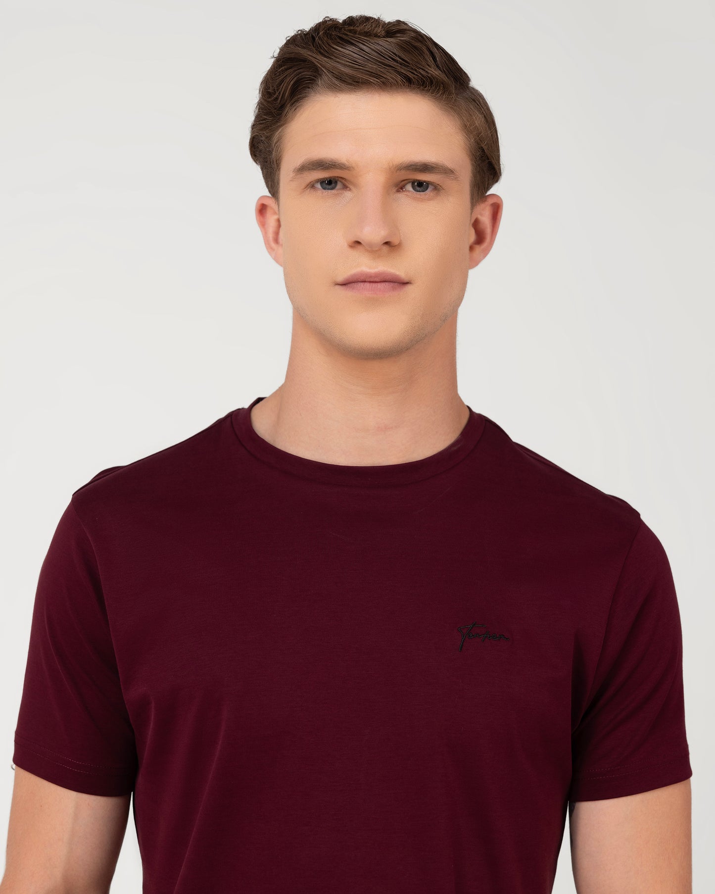 Wine Round Neck T-shirt in Mercerised Cotton Interlock