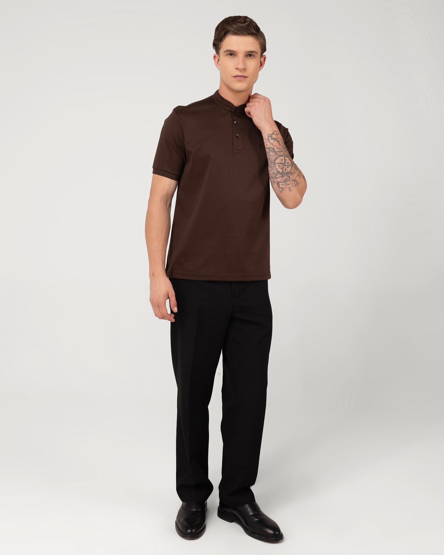 Luxury Brown Polo T-shirt Standup Collar Mercerised Cotton Interlock