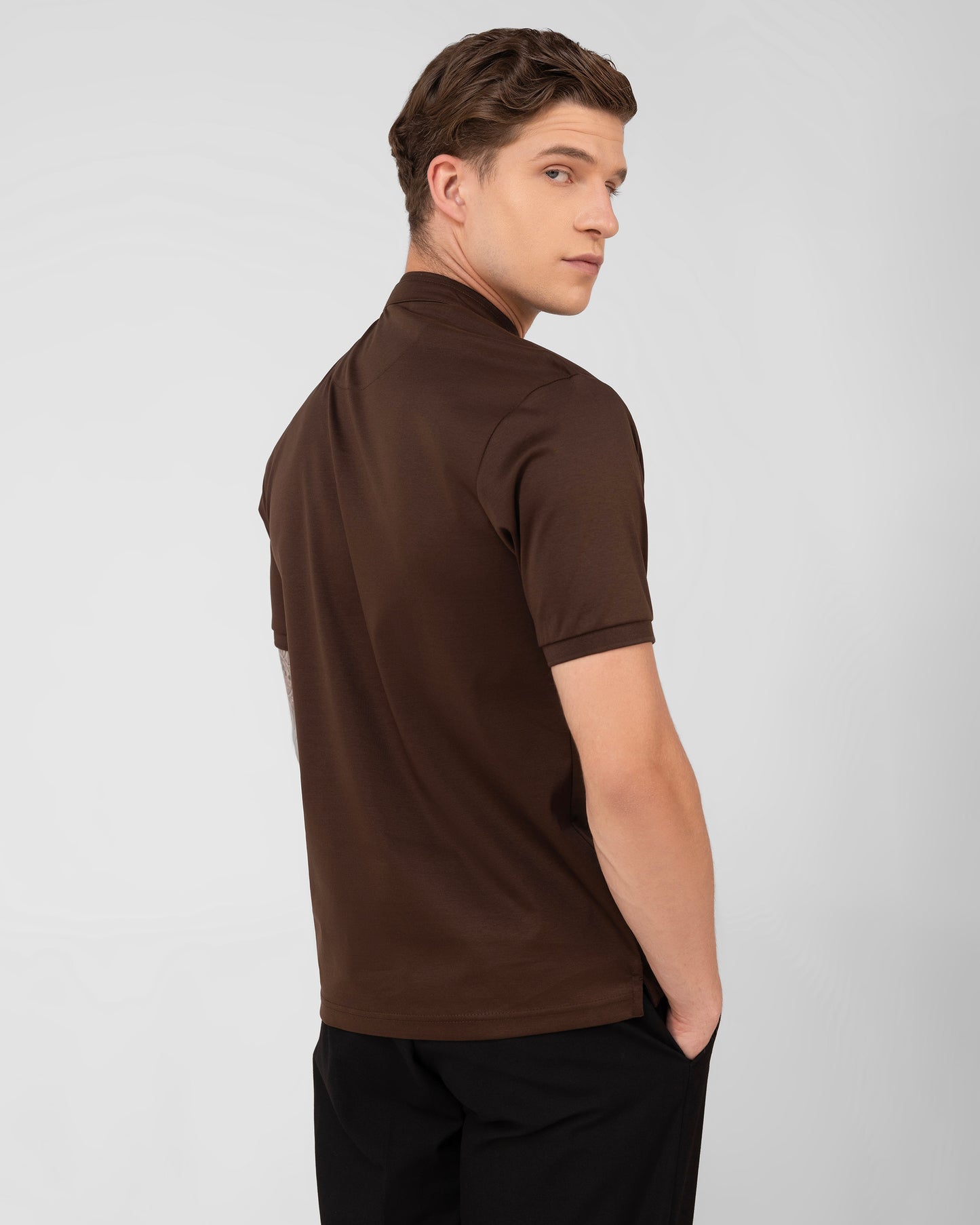 Luxury Brown Polo T-shirt Standup Collar Mercerised Cotton Interlock