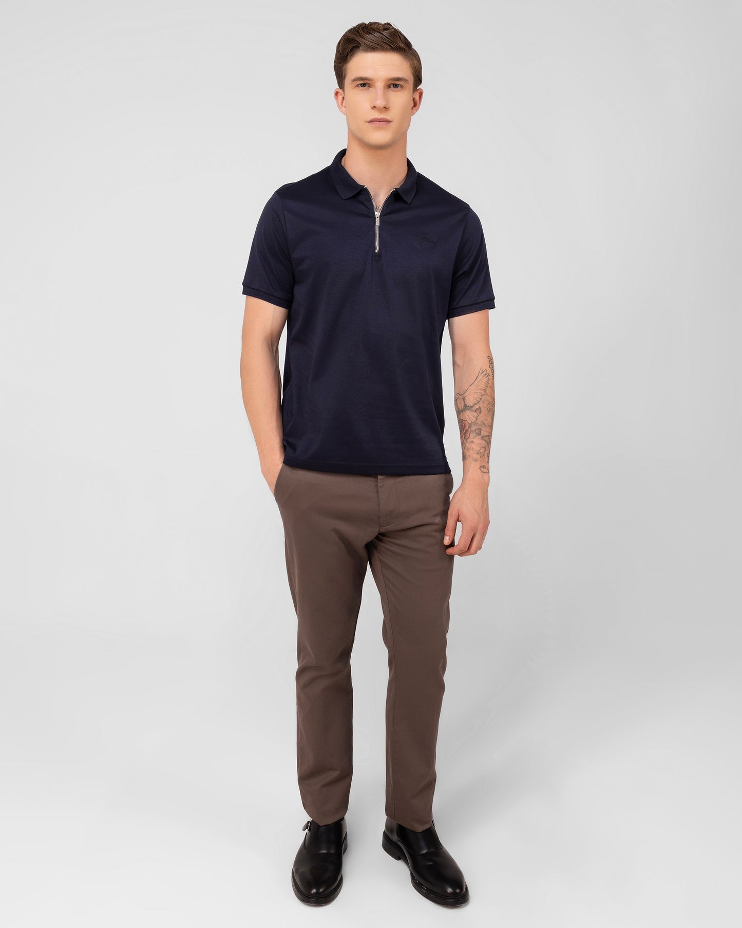 Zipper Navy Blue Polo Shirt Mercerised Cotton Interlock