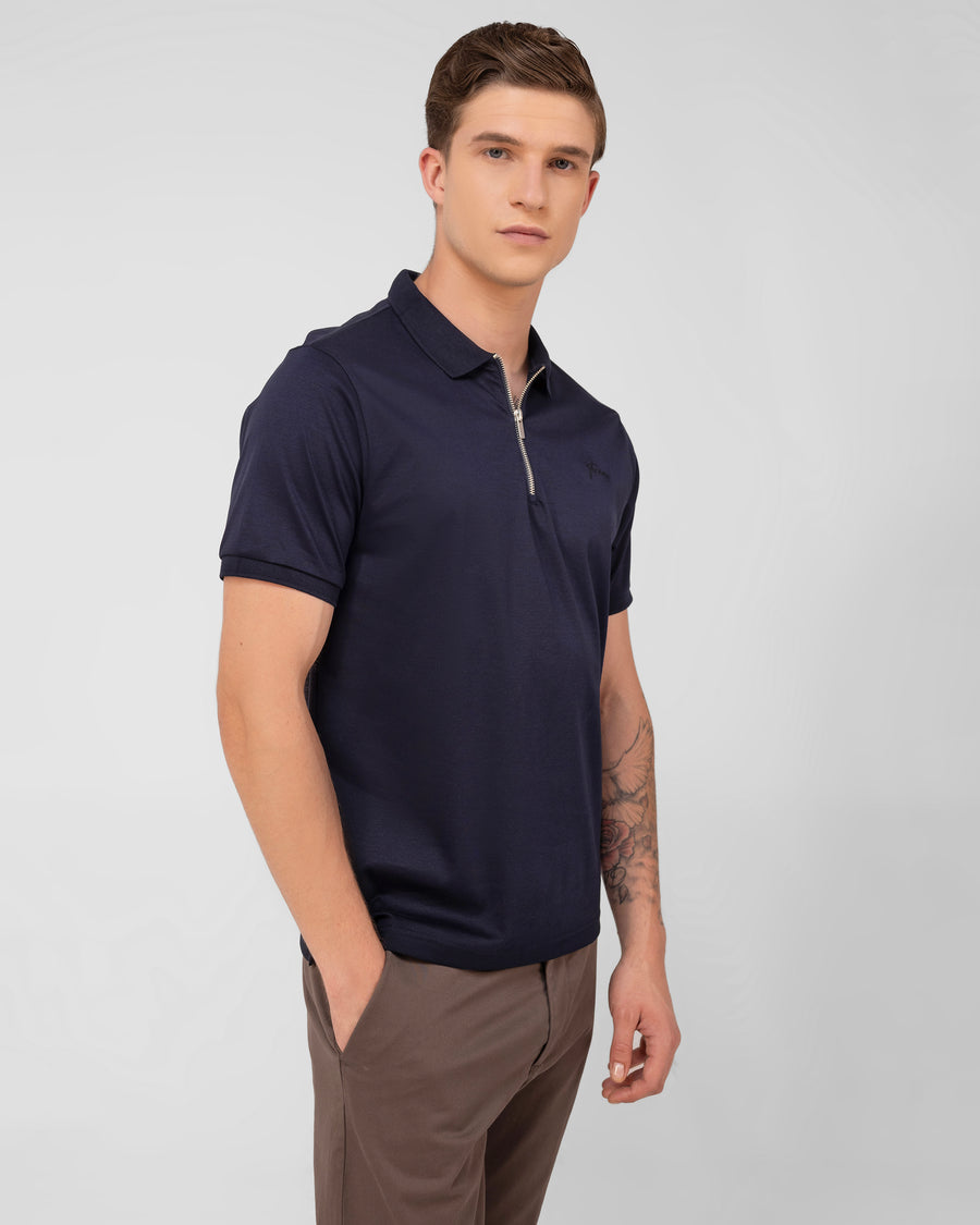 Dark Navy Mercerised Luxury Cotton Interlock Men's Regular Fit Polo T-Shirt with Metallic Zip