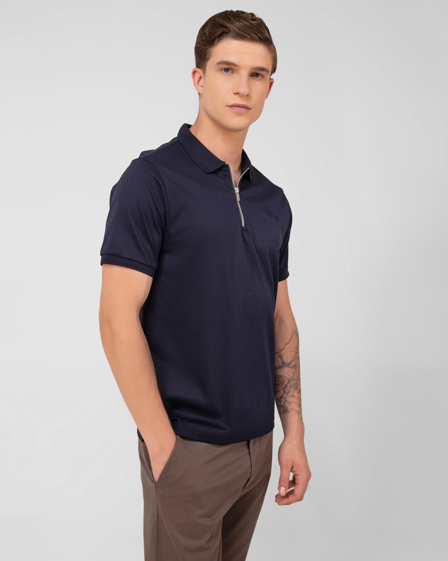 Dark Navy Mercerised Luxury Cotton Interlock Men's Regular Fit Polo T-Shirt with Metallic Zip
