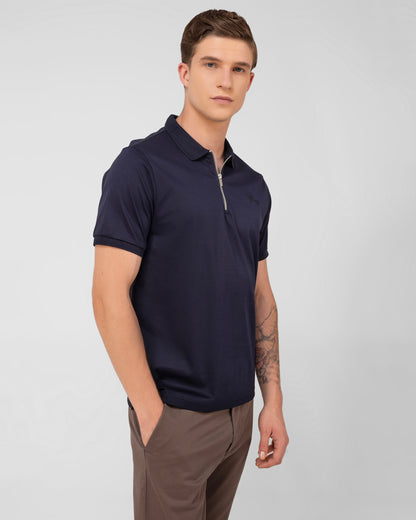 Regular fit navy zipper polo shirt in refined mercerised cotton for a modern edge Tenhem
