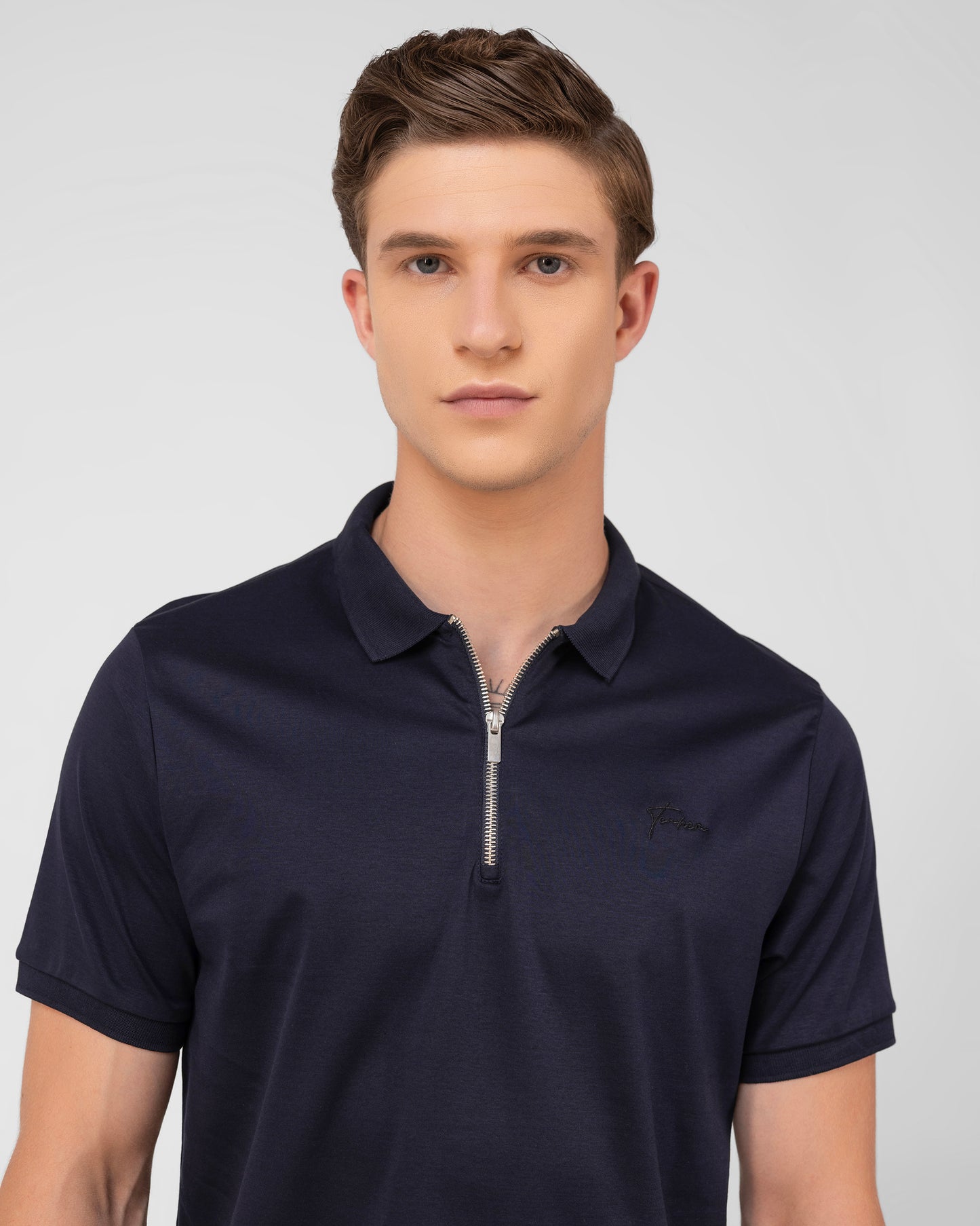 Zipper Navy Blue Polo Shirt Mercerised Cotton Interlock