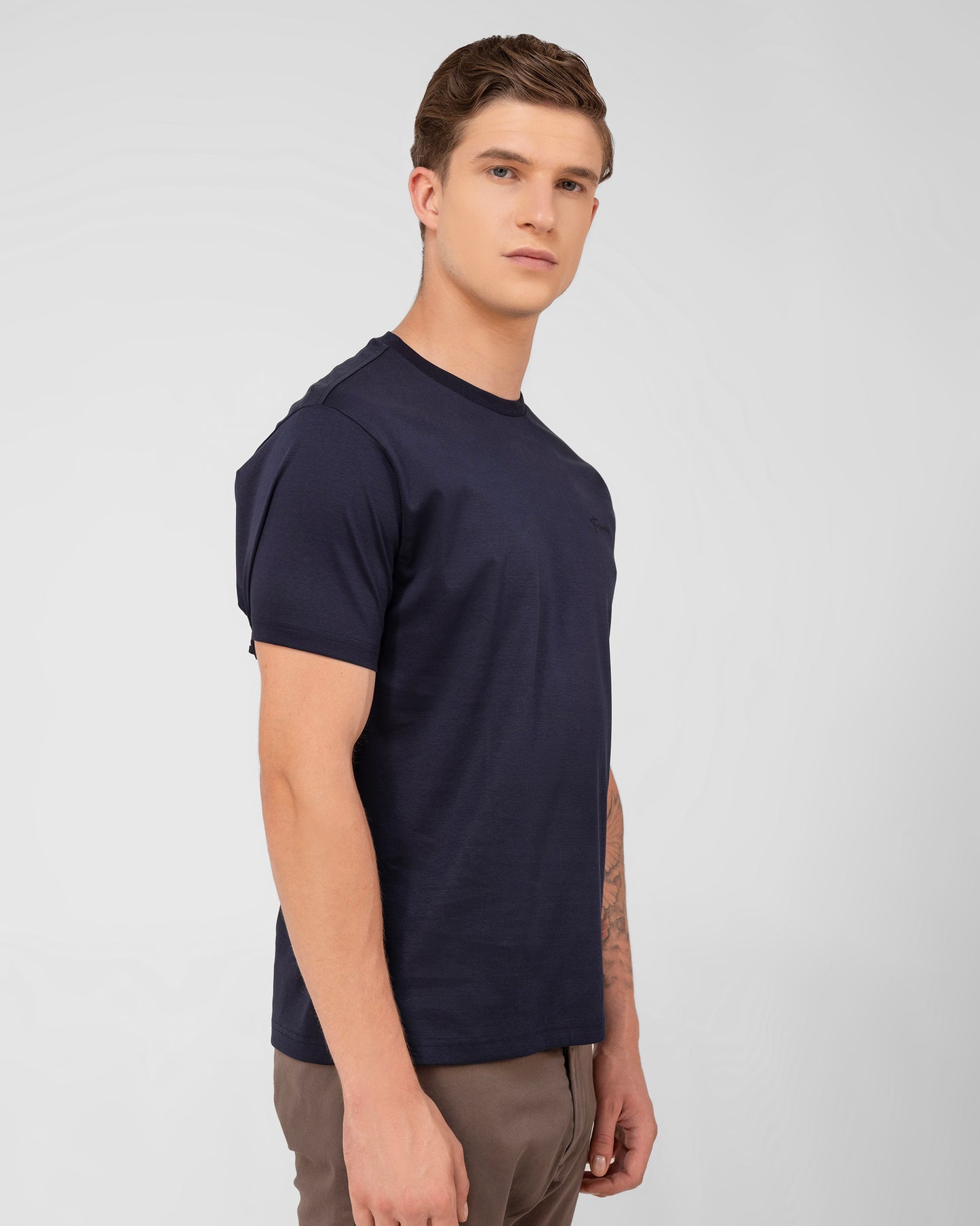 Navy Round Neck T-shirt in Mercerised Cotton Interlock