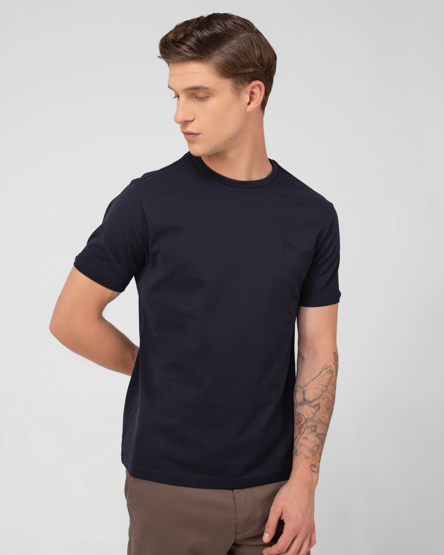 Navy Round Neck T-shirt Mercerised Cotton Pique