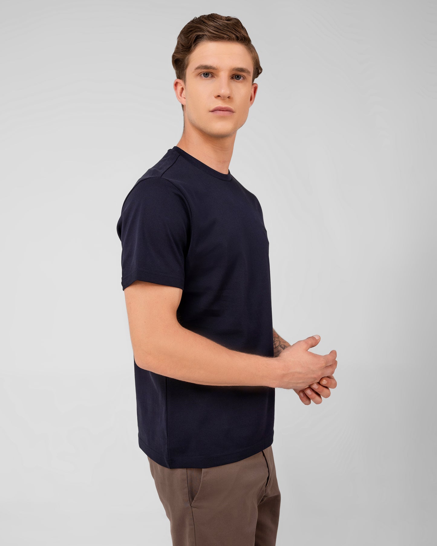 Navy Round Neck T-shirt Mercerised Cotton Pique