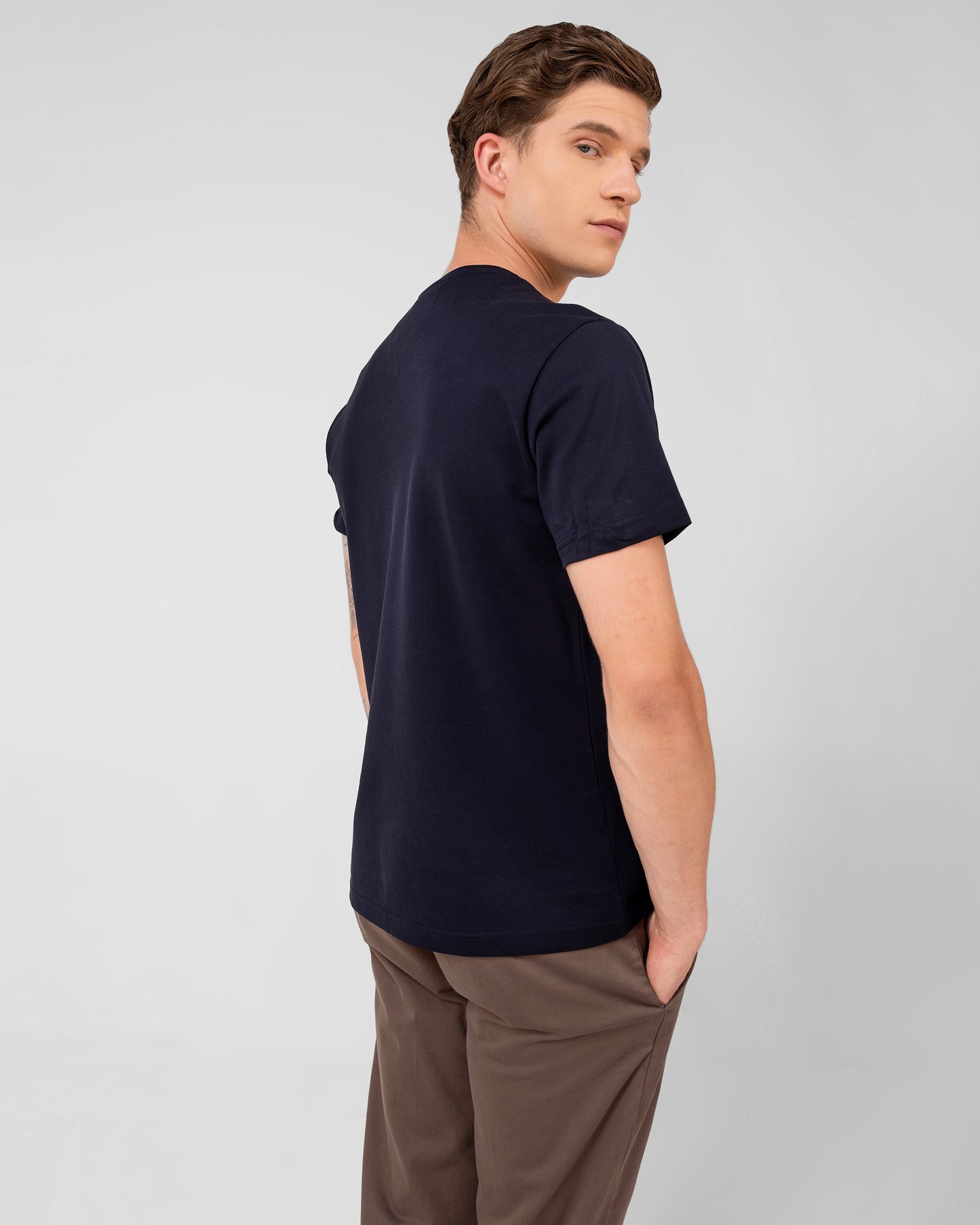 Navy Round Neck T-shirt Mercerised Cotton Pique