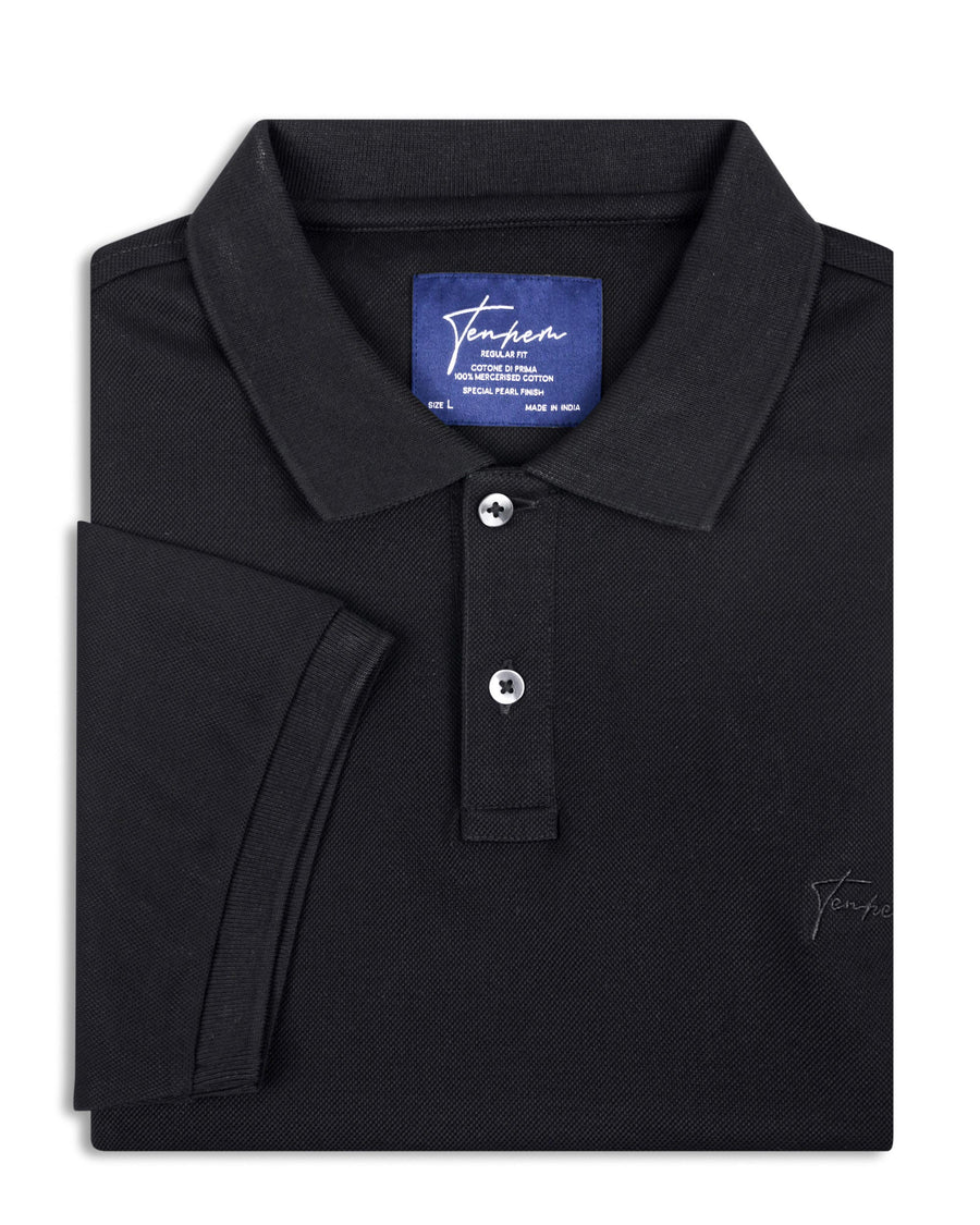 Jet Black Mercerised Luxury Cotton Piqué Men's Regular Fit Polo T-Shirt with Classic Placket
