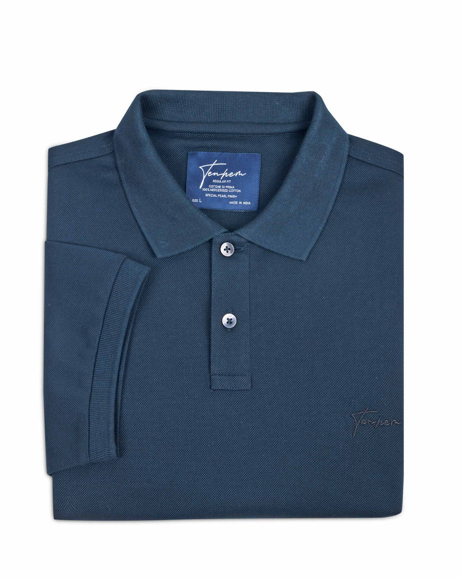 Teal Blue Mercerised Premium Cotton Piqué Men's Regular Fit Polo T-Shirt with Broad Placket
