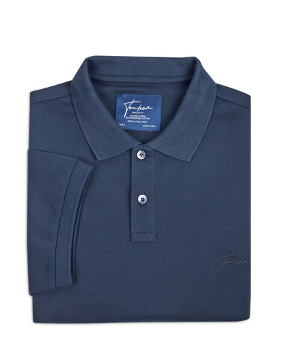 Navy blue polo shirt with brand label on a white background