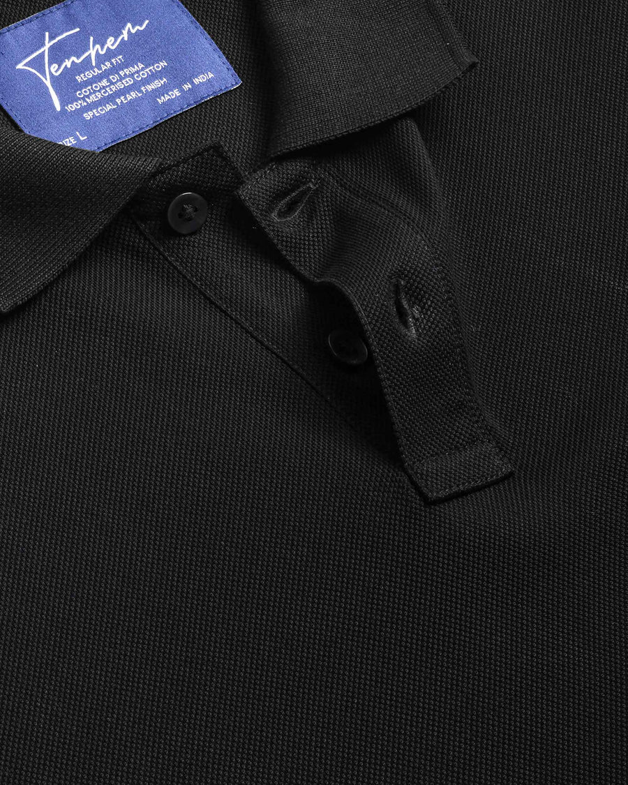 Jet Black Mercerised Luxury Cotton Piqué Men's Regular Fit Polo T-Shirt with Classic Placket
